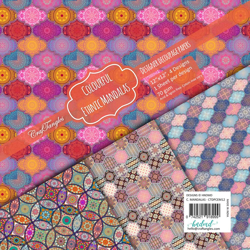 Craftangles Decoupage Paper Pack - Colourful Ethnic Mandalas (12 By 12 