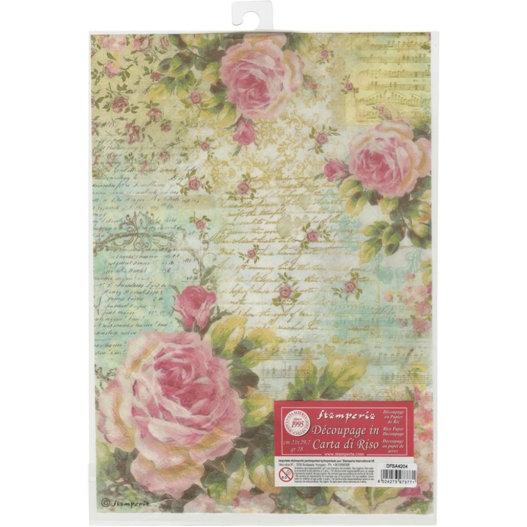 Stamperia Rice Paper A4 - Rose and Writings - DFSA4204